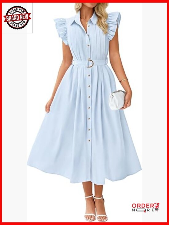Dresses & Skirts - Flutter Short Sleeve Midi Dress with Pockets Belted Business Casual Work Dress